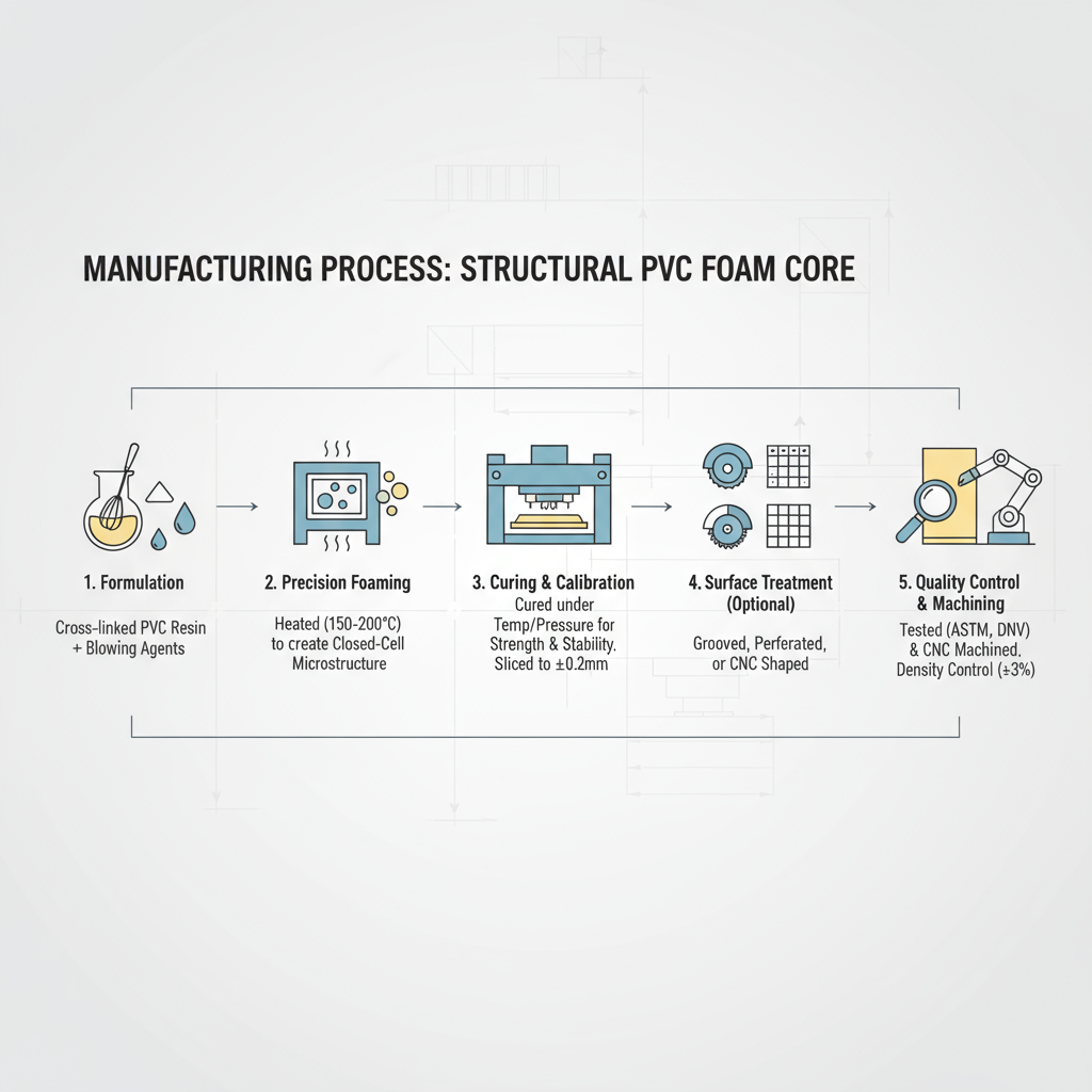 PVC Foam Core Manufacturing Process Un diagramma di flusso che mostra il processo di produzione di anima in schiuma PVC, dalle materie prime alla schiumatura precisa, fino alla polimerizzazione e al controllo di qualità.