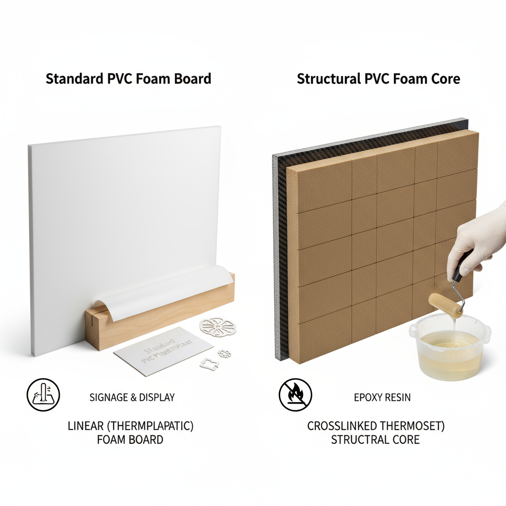 standard PVC foam board and structural PVC foam core for sandwich composites صورة توضح النوعين الرئيسيين من رغوة PVC: ألواح الرغوة البلاستيكية القياسية والهيكلية اللب الأساسي من رغوة PVC لمركبات الساندويتش