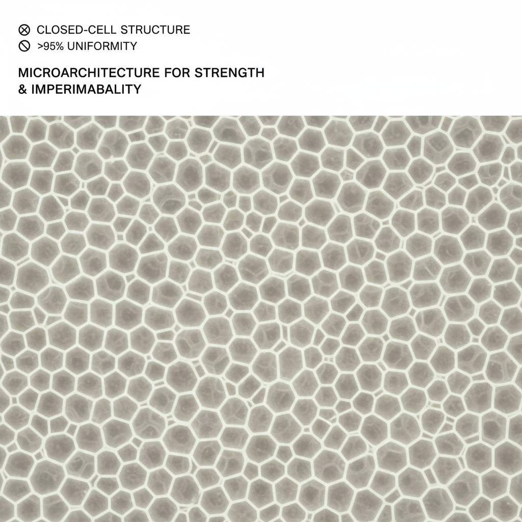 Closed-cell structure of PVC foam core Un'immagine al microscopio mostra la 'struttura a cellule chiuse' di anima in schiuma PVC, che, come un nido d'ape, ne sottolinea l'uniformità e le proprietà di tenuta.