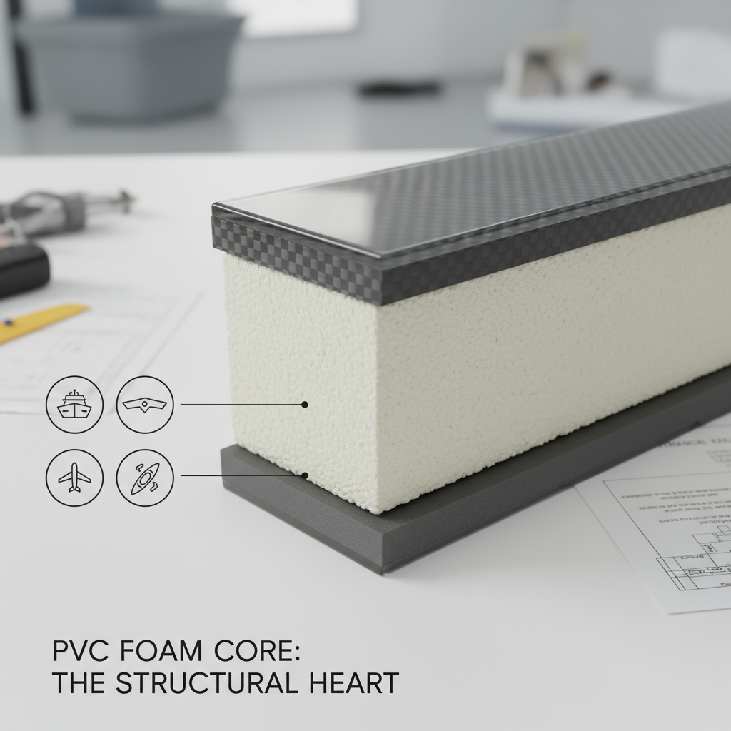 pvc foam core in Sandwich composite material Una sezione trasversale che mostra il anima in schiuma PVC utilizzato nella struttura interna del ponte di uno yacht, dell'ala di un aereo o di un kayak.