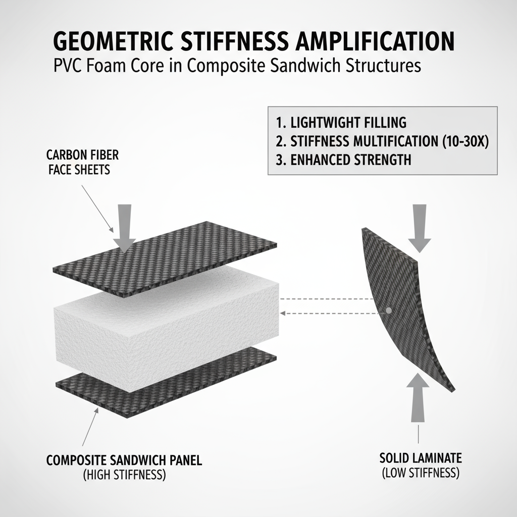 fundamental role of PVC foam core in composite sandwich structures 複合サンドイッチ構造における PVCフォームコア の基本的な役割を描いた画像。その軽量性と、強力な表面シートをどのように離間させるかを示しています。