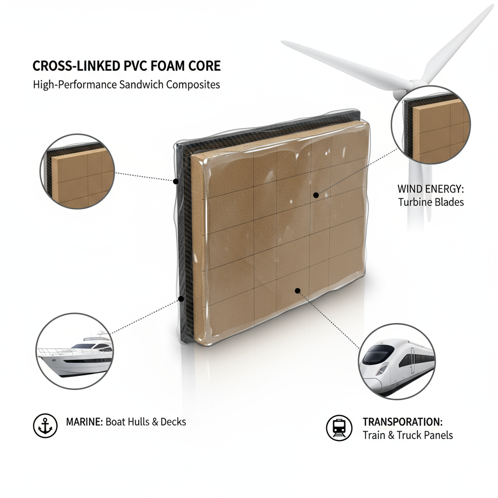 cell structure pvc applications صورة توضح مقطعًا عرضيًا للوحة مركبة ساندويتش تحتوي على مُرتبط متقاطع اللب الأساسي من رغوة PVC، مع تسليط الضوء على استخدامها في التطبيقات البحرية، وتطبيقات طاقة الرياح والنقل.