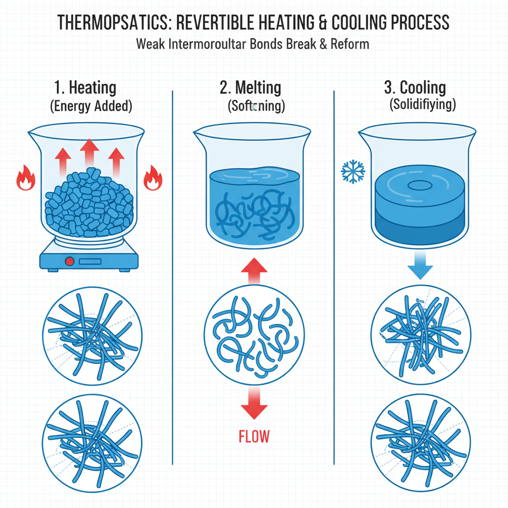 Schematic diagram of thermoplastics heating, melting, cooling and solidification رسم تخطيطي لتسخين اللدائن الحرارية وذوبانها وتبريدها وتصلبها