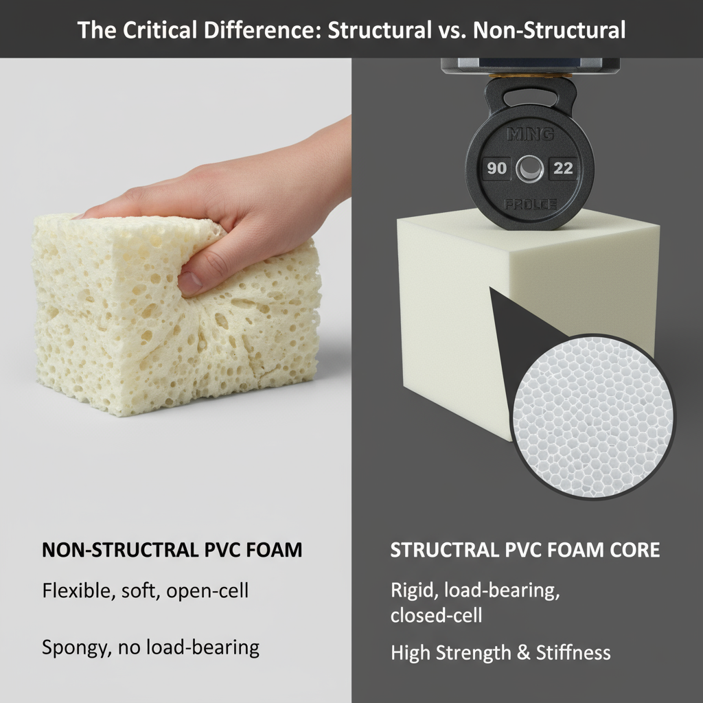 A sinistra c'è una morbida schiuma di PVC a cellule aperte, mentre a destra c'è una schiuma dura e strutturale a cellule chiuse anima in schiuma PVC, che distingue visivamente tra schiuma 'strutturale' e 'non strutturale'.