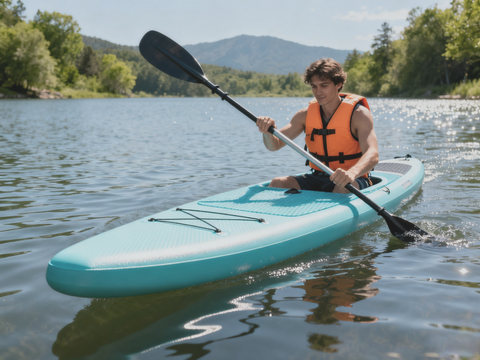 A kayaker on the water using a kayak and paddle both built with lightweight structural PVC foam core. The hull and paddle showcase the material's strength and performance in composite sandwich construction.