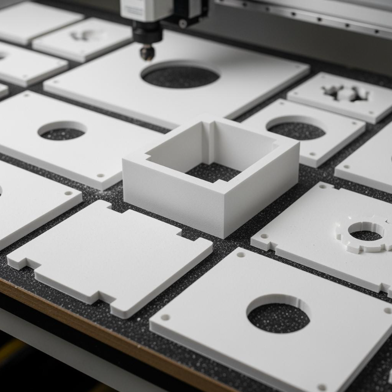 항공우주 또는 해양 적용 응용 분야를 위한 복잡하고 정밀한 CNC 가공 PVC 폼 부품의 클로즈업 이미지로 부드러운 가장자리와 상세한 윤곽을 보여줍니다.