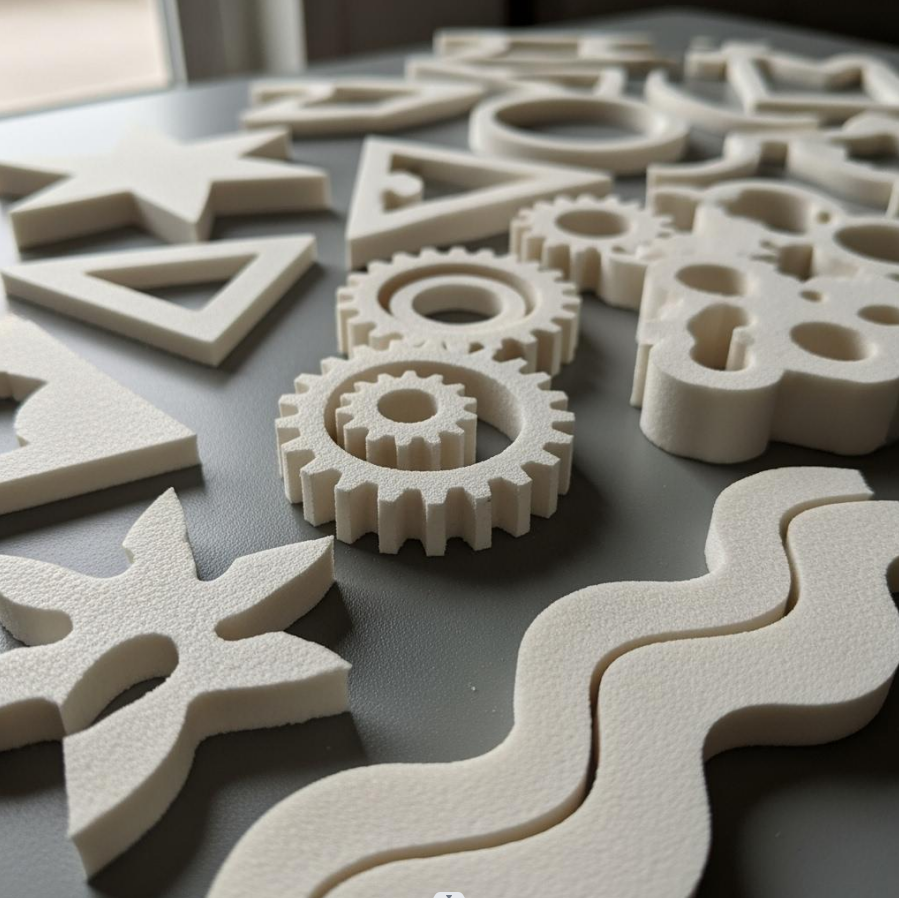 Bild verschiedener einzigartig geformter und profilierter starr PVC-Schaumteile mit individuellen Winkeln und Kurven, die f&uuml;r strukturelle und &auml;sthetische Anwendungen entwickelt wurden.