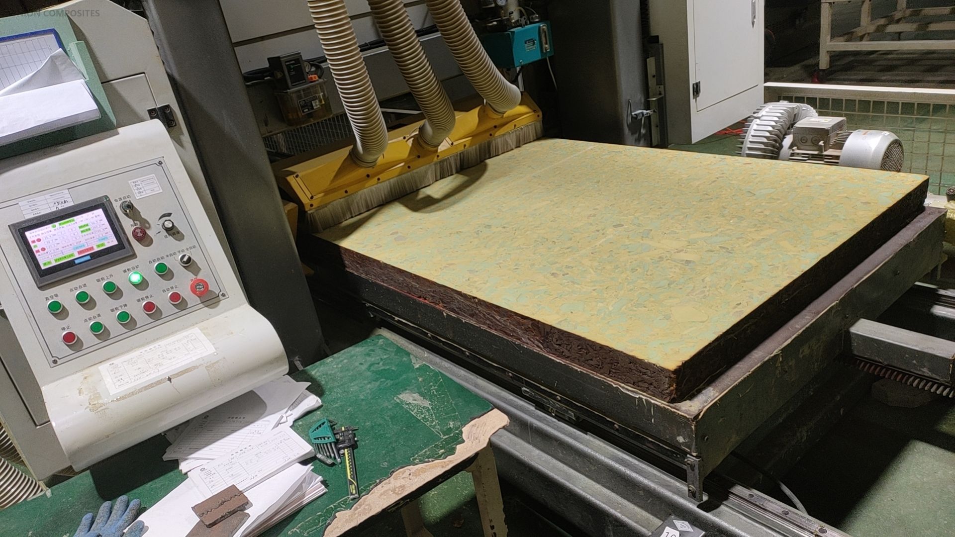 Production and processing of rigid recycled PVC foam boards for building insulation.