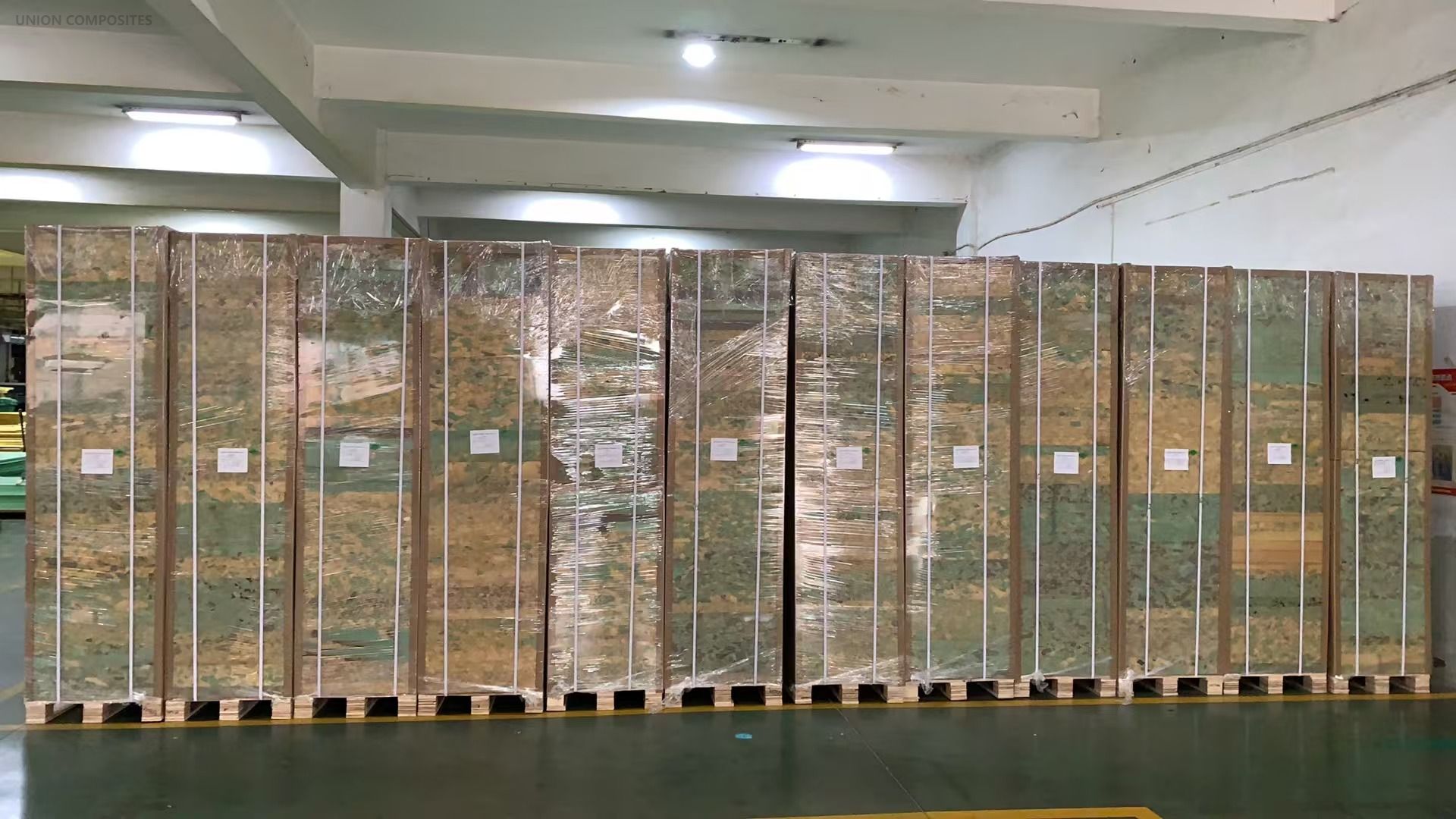 Secure pallet packaging of Rigicore P structural foam core boards ready for shipping.
